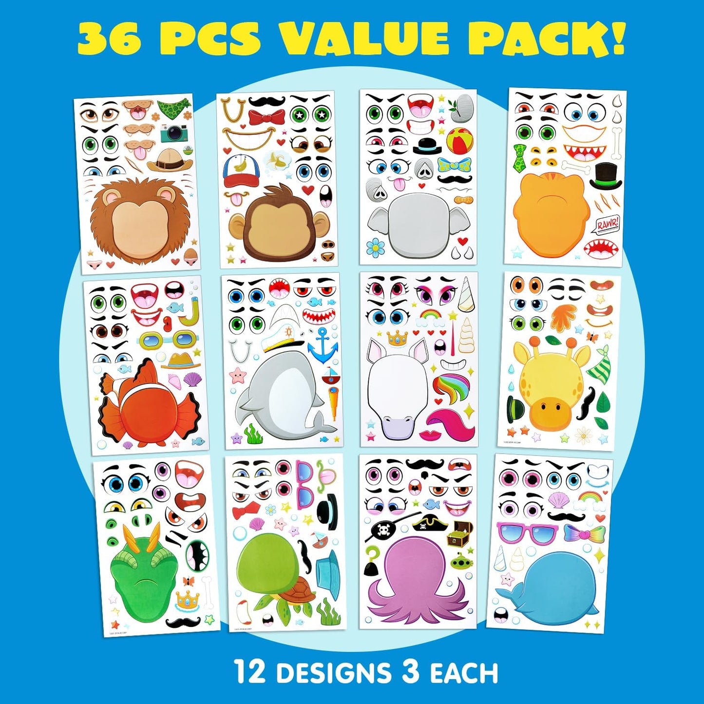 JOYIN 36 Sheets 9"x6" Make a face Stickers for Kids, Make Your Own Animal Stickers with Unicorn, Dinosaur, Sea and Safari Animals, Crafts Birthday Party Favors, Goodie Bags Classroom Activities