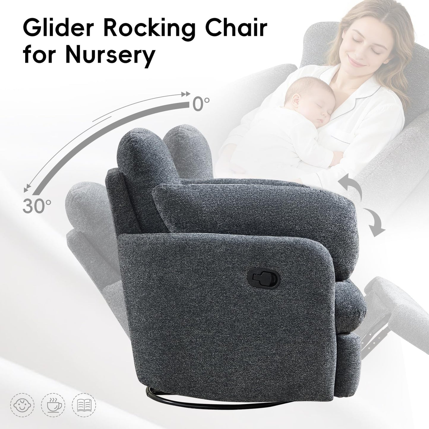 Bonzy Home Manual Recliner Chair, 360°Swivel Rocker Recliner Chair for Adults, Overstuffed Nursery Rocking Reclining Sofa with 2 Pillows and Hidden Storage, Dark Grey