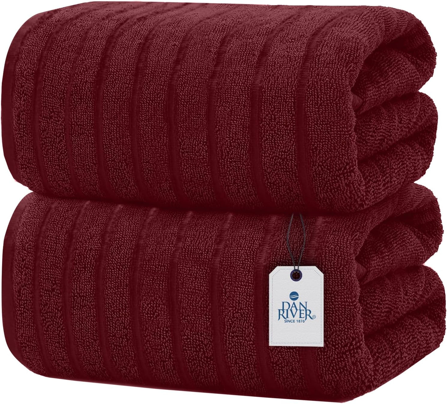 DAN RIVER Pack of 2 Bath Sheet 35x70 Inches, Ribbed Jumbo Bath Towels, Soft and Absorbent Extra Large Towels - Pomegranate