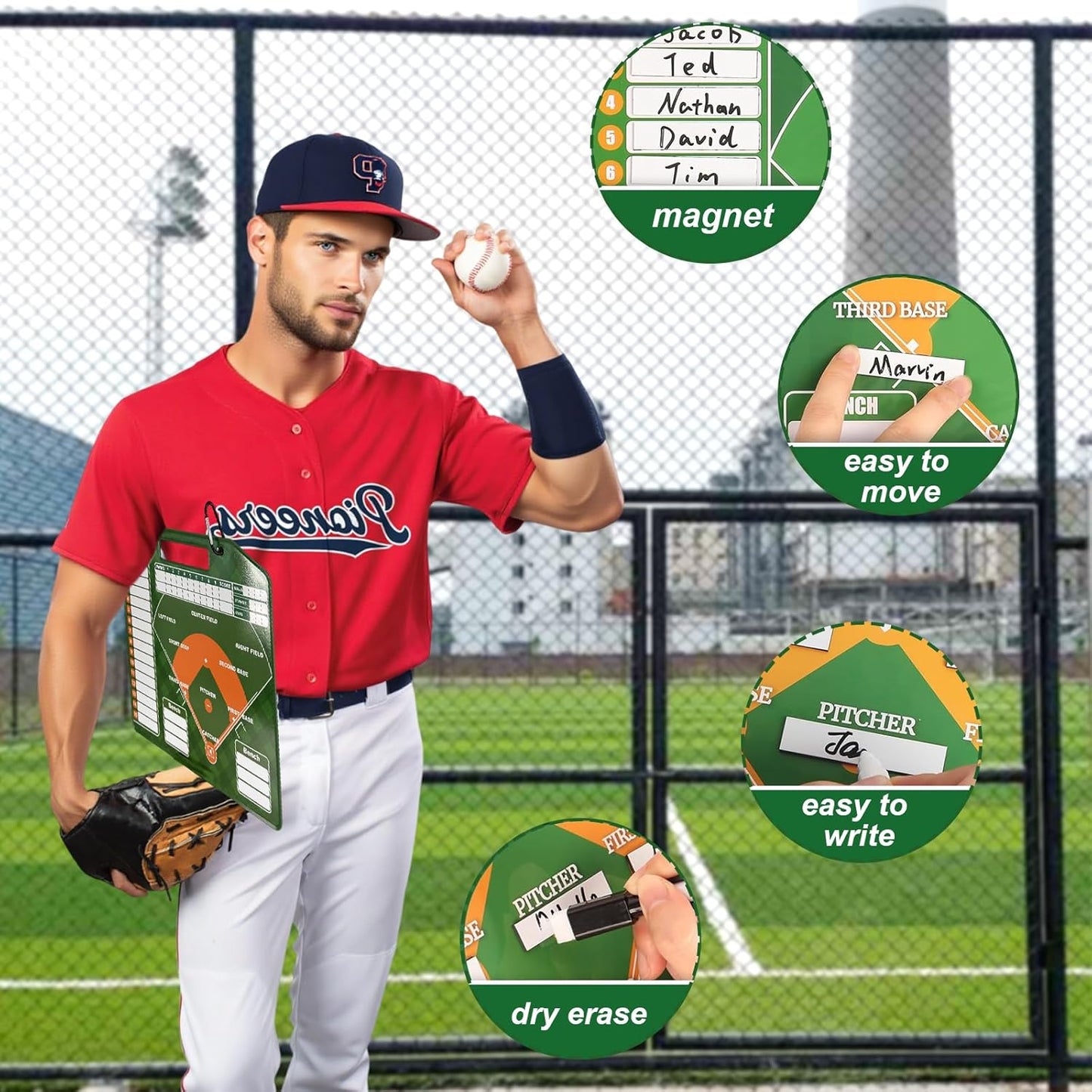 Magnetic Baseball Lineup Board for Dugout, Dry Erase Baseball Clipboard for Coaches with 40 Baseball Lineup Cards and 2 Markers, 72 PCS Baseball Coaching Accessories Baseball Scoreboard 12.6 * 11 in