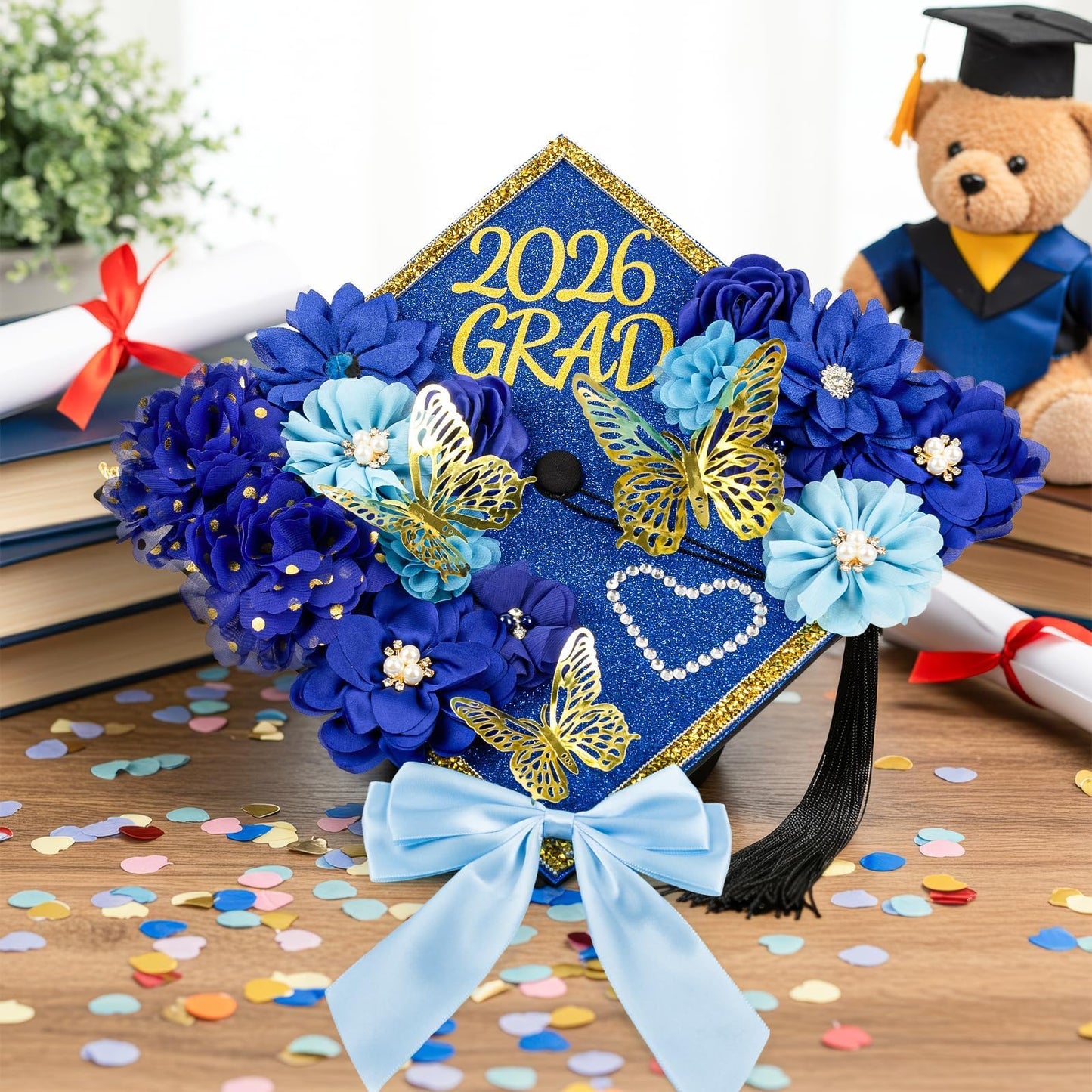 Graduation Cap Decorations Kit 2026 DIY Cap Decorations 36PCS Included Fake Flowers Heads Bow 3D Butterfly Self Adhesive Rhinestones Stickers Alphabet Letter Stickers for Grad Party Decor, Blue