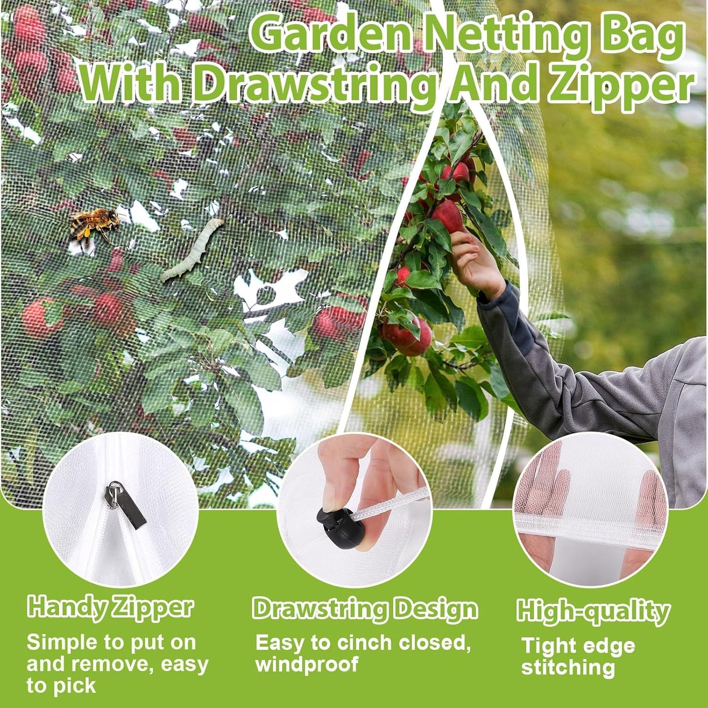 Large Fruit Tree Netting with Drawstring and Zipper, 12 * 12FT Garden Netting for Garden Protection, Insect Bird Netting for Fruit Trees, Protection from Anti Birds, Bugs,Cicadas, Insects