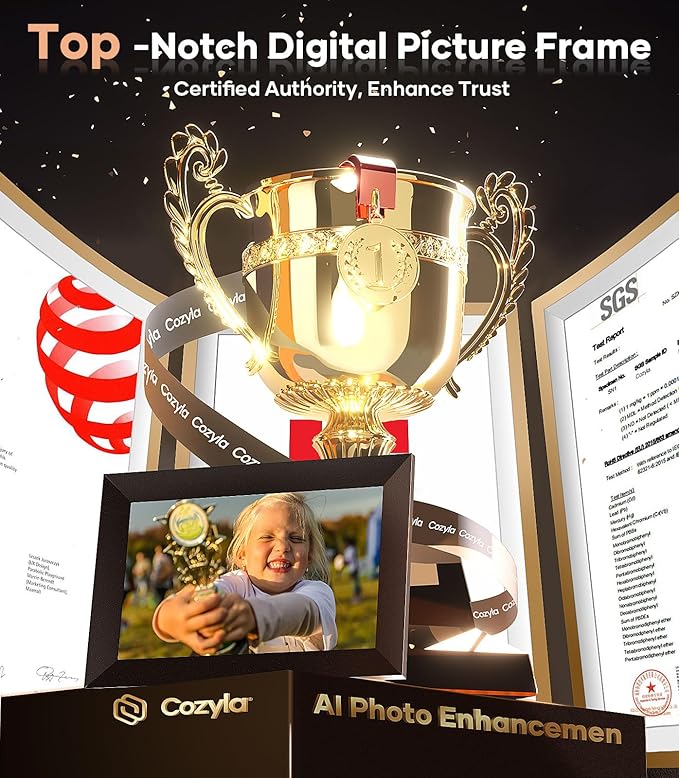 Cozyla 10.1'' WiFi Digital Picture Frame AI-Enhanced Free Unlimited Storage Auto-Rotate Share Photo＆Video via Apps from Phone Smart Digital Photo Frame Electric Picture Frame Slideshow Display Black