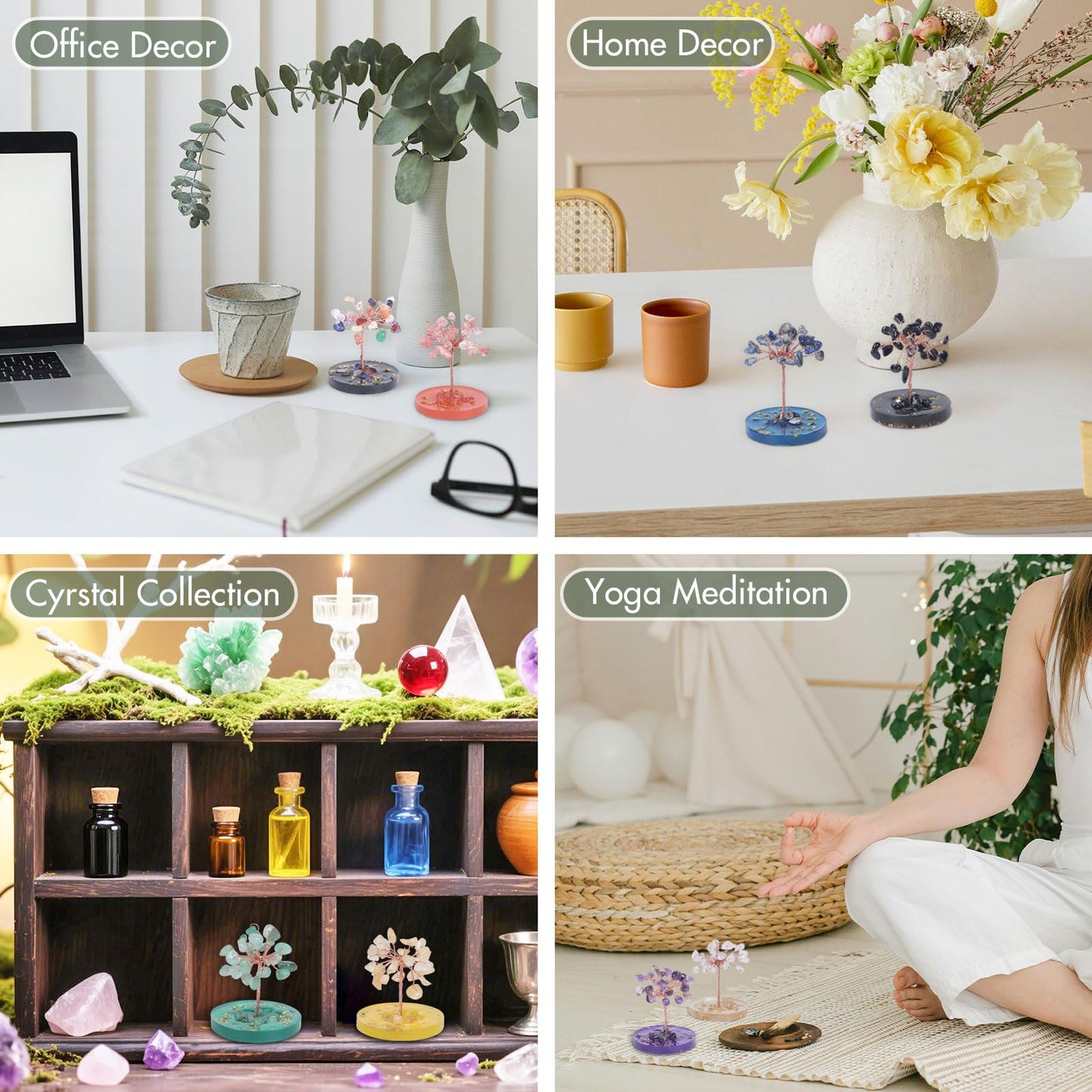 Pretty Jolly Small Mini 7 Chakra Healing Stones Crystals Tree of Life Positive Energy Gemstone Money Tree Meditation Reiki Gifts with Acrylic Glue Base for Home,Office,Desk Feng Shui Decor(Green)