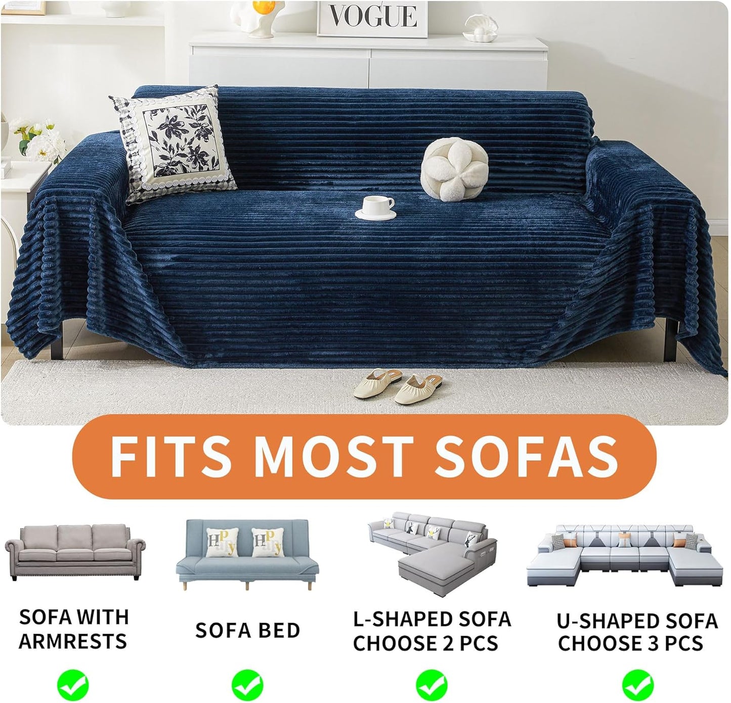 HAOMAIJIA Faux Fur Sofa Covers Couch Covers for 2 Cushion Couch Sofa Pet Friendly Soft Non Slip Couch Cover for Dogs Washable Sectional Couch Covers L Shape Furniture Protector (Navy Blue, 71"x102")
