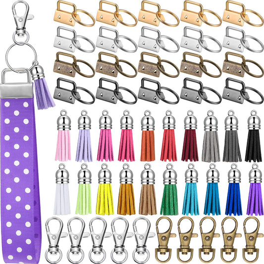 60 Pieces Key Fob Hardware Set, 20 Key Fob Hardware Wristlet with Ring 20 Leather Keychain Tassels 20 Swivel Snap Hooks for Keychain Making Supplies (Silver, Bronze, Gun-Black, Gold)