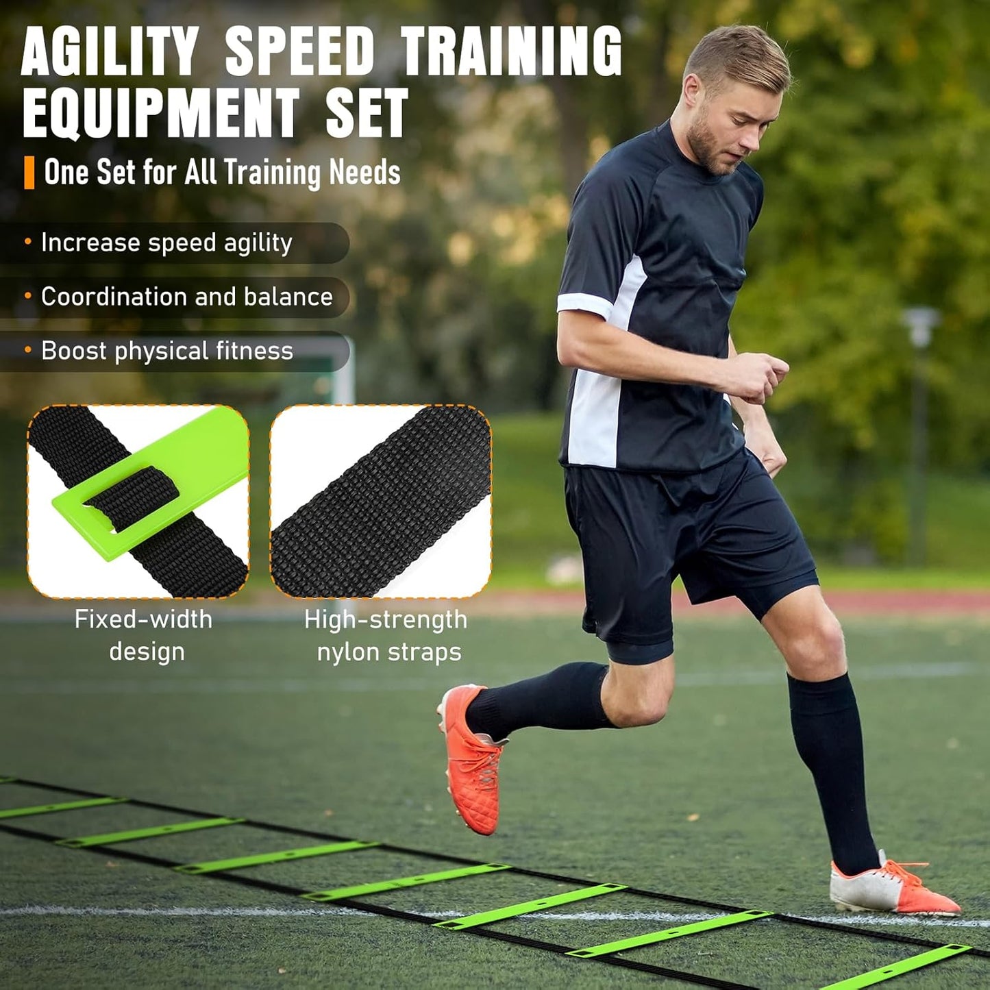 Agility Ladder, Speed Training Equipment Set, 20ft Agility Ladder, 12 Soccer Cones, 4 Hurdles, Jump Rope, Running Parachute, Basketball Football Soccer Training Equipment for Kids, Youth, Adults