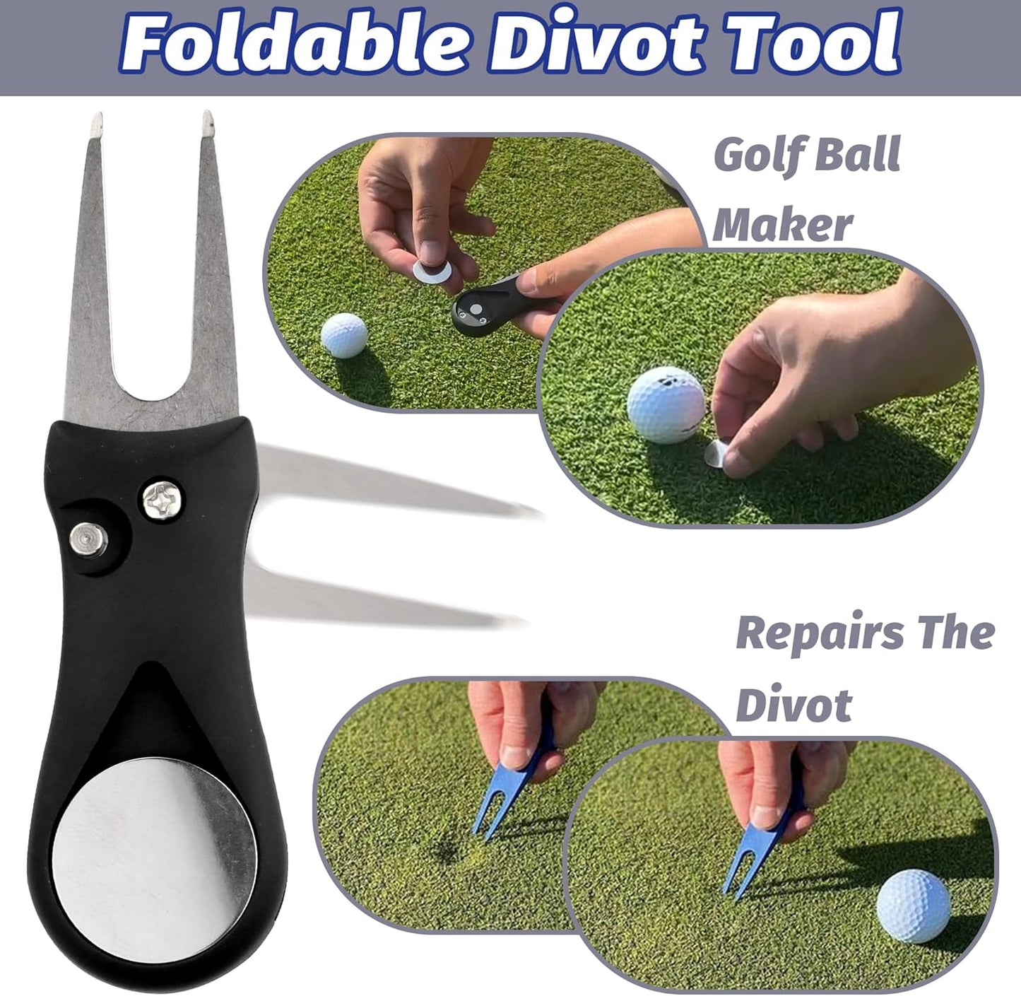 Golf Accessories Kit - Microfiber Waffle Pattern Golf Towel with Clip, Club Brush Groove Cleaner & Clip, Divot Tool with Marker - For Men & Women