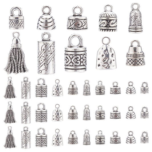 PH PandaHall Cord Ends Caps, 117pcs 10 Styles Tibetan Alloy Leather Cap Glue in Barrel End Caps Tube Crimp Beads End Caps Thread Ends for Kumihimo Jewelry Making Bracelet Necklace 4~8mm