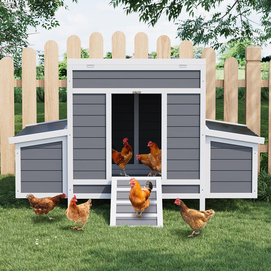 Wooden Chicken Coop, Large Chicken Coop for 4-6 Chickens, with 6 Nesting Boxes, Outdoor Poultry Cage Rabbit Cage with Ramps & Tray, 54.41" x 34.49" x 34.05"