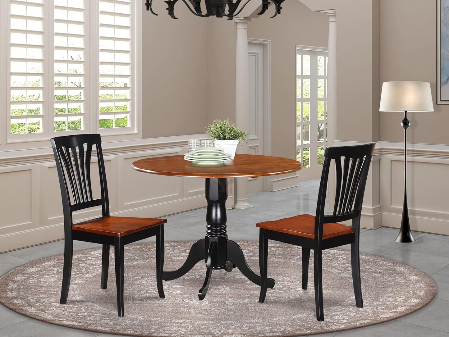 East West Furniture DLAV3-BCH-W 3 Piece Dining Room Furniture Set Contains a Round Kitchen Table with Dropleaf and 2 Dining Chairs, 42x42 Inch, Black & Cherry