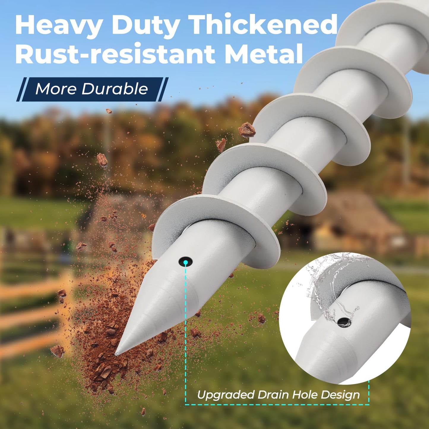 17" Stainless Steel Screw-in Ground Stakes - Extra-Long Spiral Anchor for Patio Umbrella Base, Canopy Weights on Beach/Lawn Weatherproof Pole Holder for 1-2" Posts, White