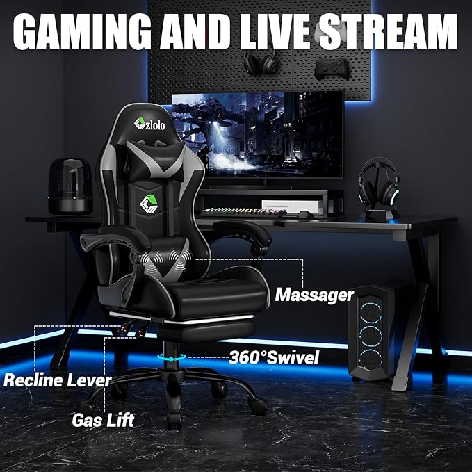 Gaming Chair with Footrest Racing Style Lumbar Support Massager Video Game Chair with Metal Legs, High Back Reclining Gamer Chair with Headrest, 360° Swivel Office Computer Desk Chair (Gray)