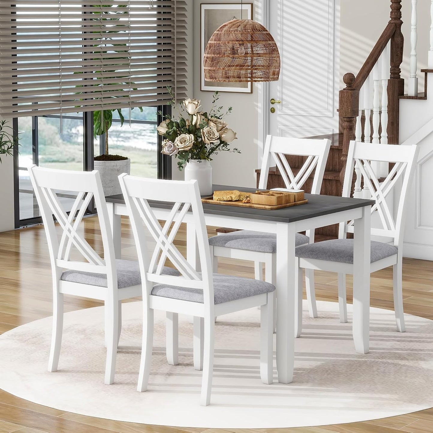Ball & Cast Dining Table Set for 4 with 4 X-Back Chairs,5-Piece Wooden Living Room Furniture W/ 44.5" Rectangle Kitchen Desk,for Small Space,Apartment,Dining Room,Grey