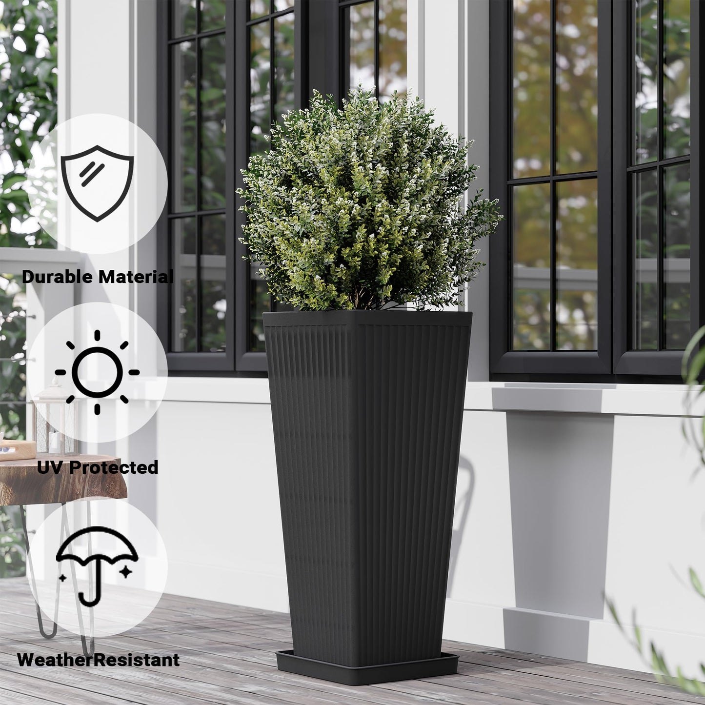 seethmi Tall Planters for Outdoor Plants Set of 2, 23.6" Large Taper Flower Plant Pots with Drainage Hole and Drainage Trays, Weather-Resistant Plastic planters for Patio, Porch, Garden, Black