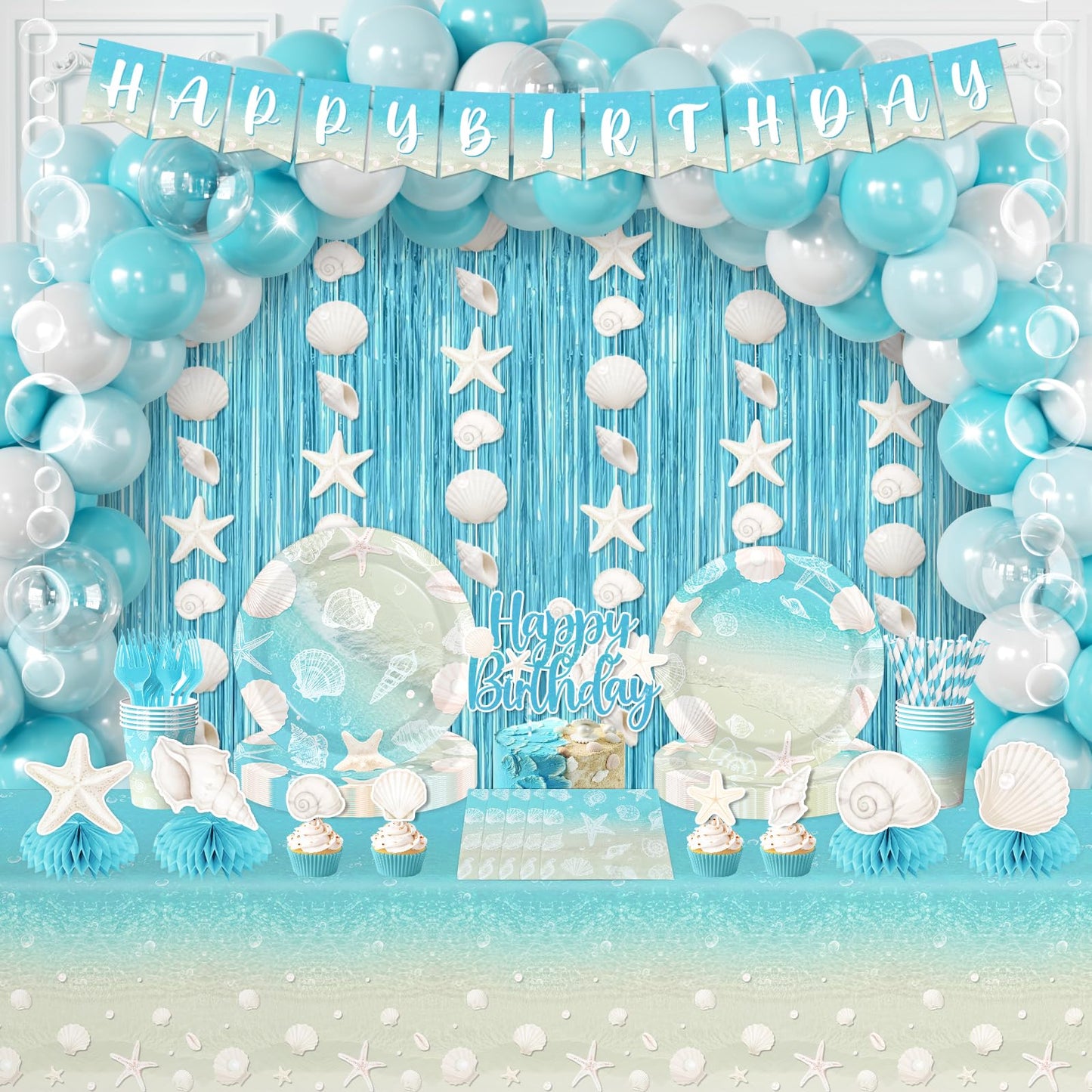 Beach Birthday Party Decorations, All-in-1 Ocean Themed Party Decorations with Balloon Arch Fringe Backdrop Seashell Bubble Garland Plates Napkins Centerpieces Cake Topper for Coastal Party, Serve 24