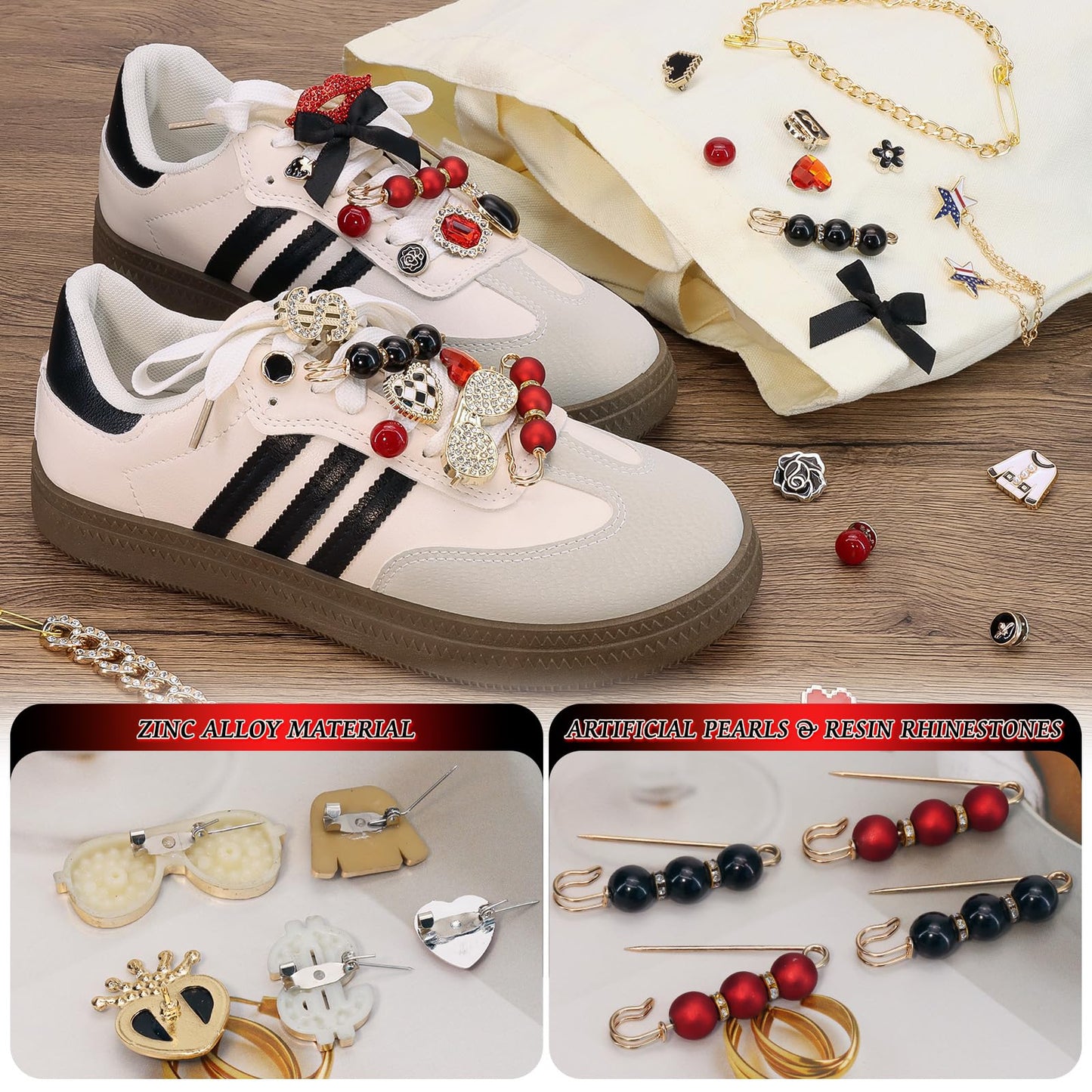 Auliand 137 Pcs Junk Socks Charms Kit, Brooches and Pins for Women, Shoe Charms with Pearl Safety Pins and Brooch Buttons, Teen Girl DIY Accessories for Decorating Socks, Clothes (Black & Red)