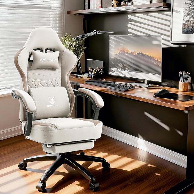 Dowinx Gaming Chair Breathable Fabric Game Chair with Gel Pad and Storage Bag, Comfortable Gamer Chair with Pocket Spring Cushion,Ergonomic Computer Chair with Footrest,Beige