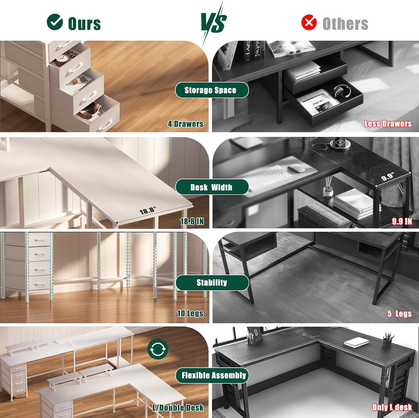 59 inch L Shaped Computer Desk with Power Outlets, Home Office Desk with 4 Adjustable Storage Drawers & 2 Monitor Stands, Two Person Gaming Table for Bedroom, White