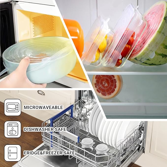 4 Pack 6.5in Reusable Silicone Stretch Lids, Silicone Bowl Covers for Food Storage, Universal Stretchable Lids for Containers Produce, Elastic Expandable Seal Cover, Microwave Freezer Safe