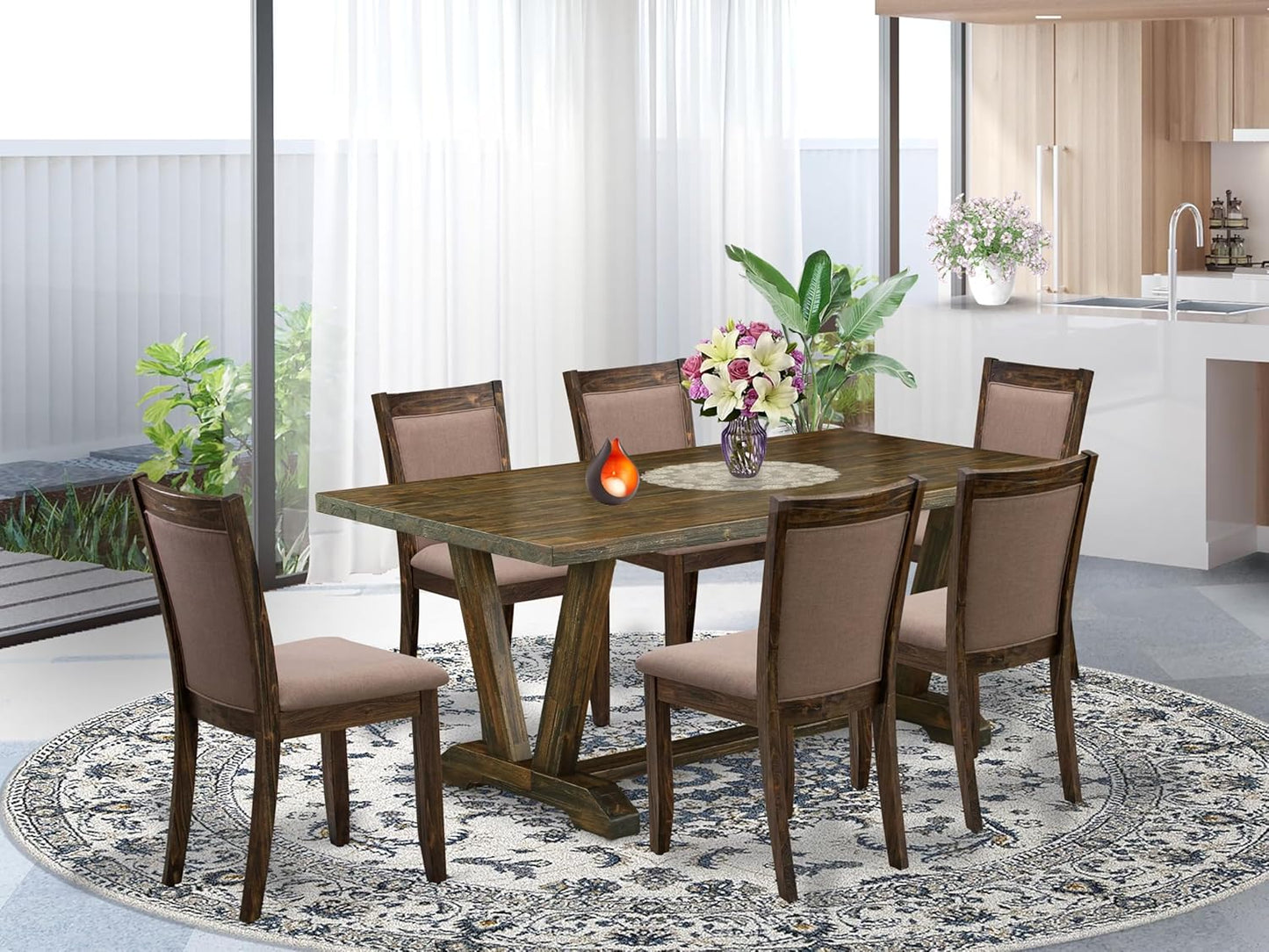 East West Furniture V777MZ748-7 7 Piece Modern Dining Table Set Consist of a Rectangle Wooden Table with V-Legs and 6 Coffee Linen Fabric Upholstered Chairs, 40x72 Inch, Multi-Color