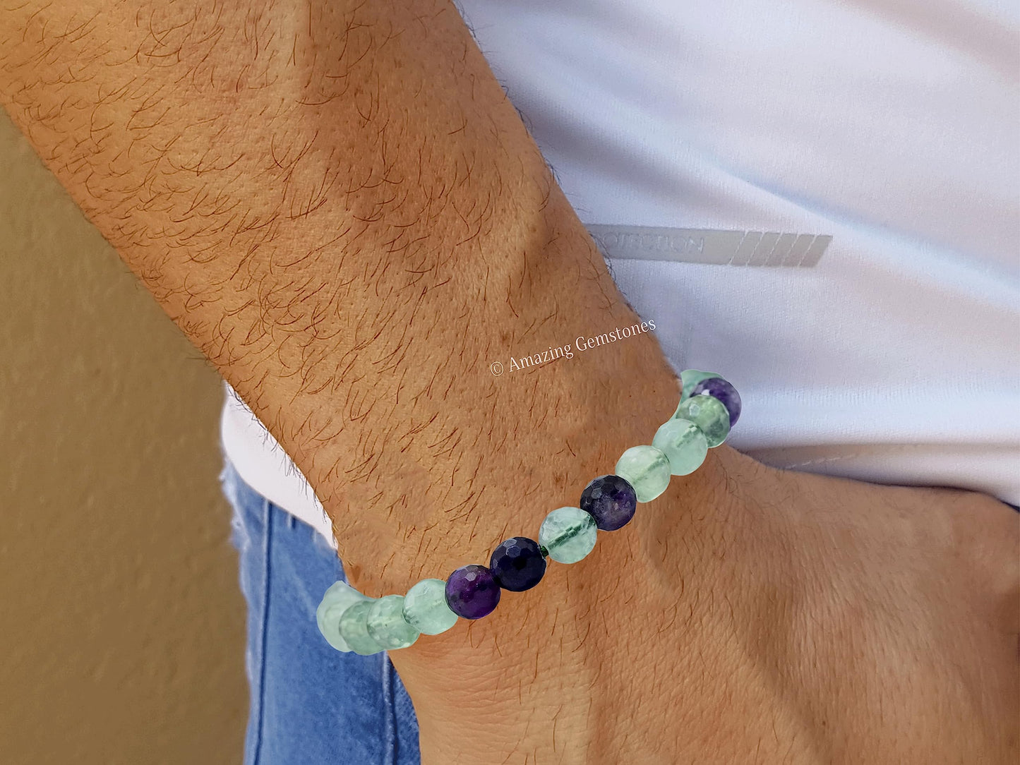 Amazing Gemstone Multi Fluorite Bracelet for Women - Chakra Mens Bracelet Protection Crystals & Healing Stones - Blessing Bracelet Spiritual Meditation Gift (Faceted Beaded Bracelet, Adjustable)