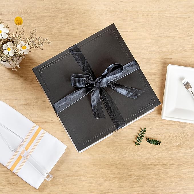 Sweet Vision Square Clear Plastic Cake Box - Black Lid and White Base, Black Ribbon - 8 1/2" x 8 1/2" x 6 3/4" - 10 count box