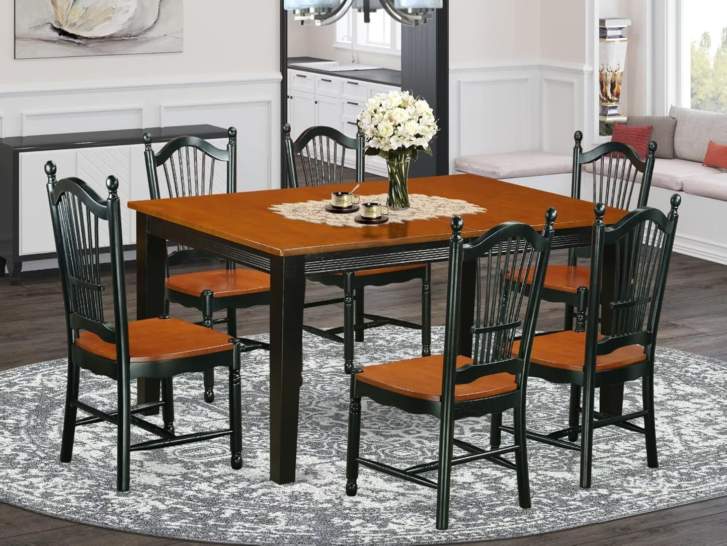 East West Furniture QUDO7-BCH-W 7 Piece Dining Room Table Set Consist of a Rectangle Kitchen Table with Butterfly Leaf and 6 Dining Chairs, 40x78 Inch, Black & Cherry