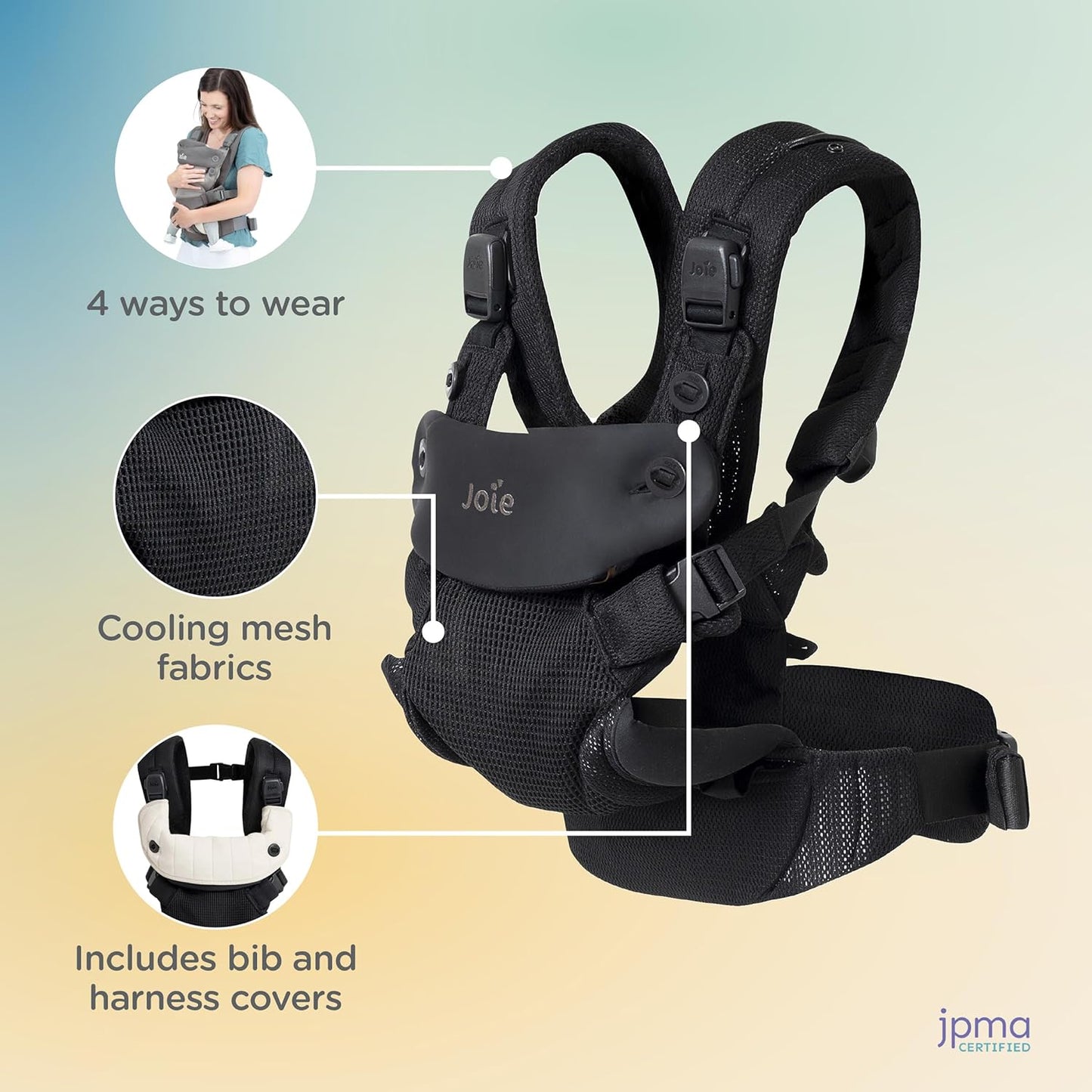 Joie Savvy Air 4-in-1 Mesh Baby Carrier – Breathable, Ergonomic Baby Carrier with 4 Carry Positions, Cooling Mesh Fabric, Padded Straps, and Lumbar Support (Coal)