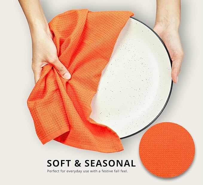 PurpleEssences Waffle Weave Kitchen Towel, 100% Cotton, 15x25 Inches, with Hanging Loop Ultra Soft Absorbent Quick Drying Dish Cloth, Tea and Hand Towels, 6 Pack - Christmas Holiday Winter - Orange
