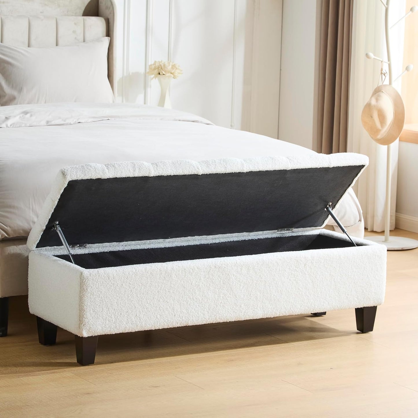 Christopher Knight Home Ottilie Boucle Fabric Storage Ottoman Bench, Wooden Rectangular Ottoman with Storage, Bedroom End of Bed Foot Stool, Entryway Ottoman Footrest, Living Room Extra Seat, Beige
