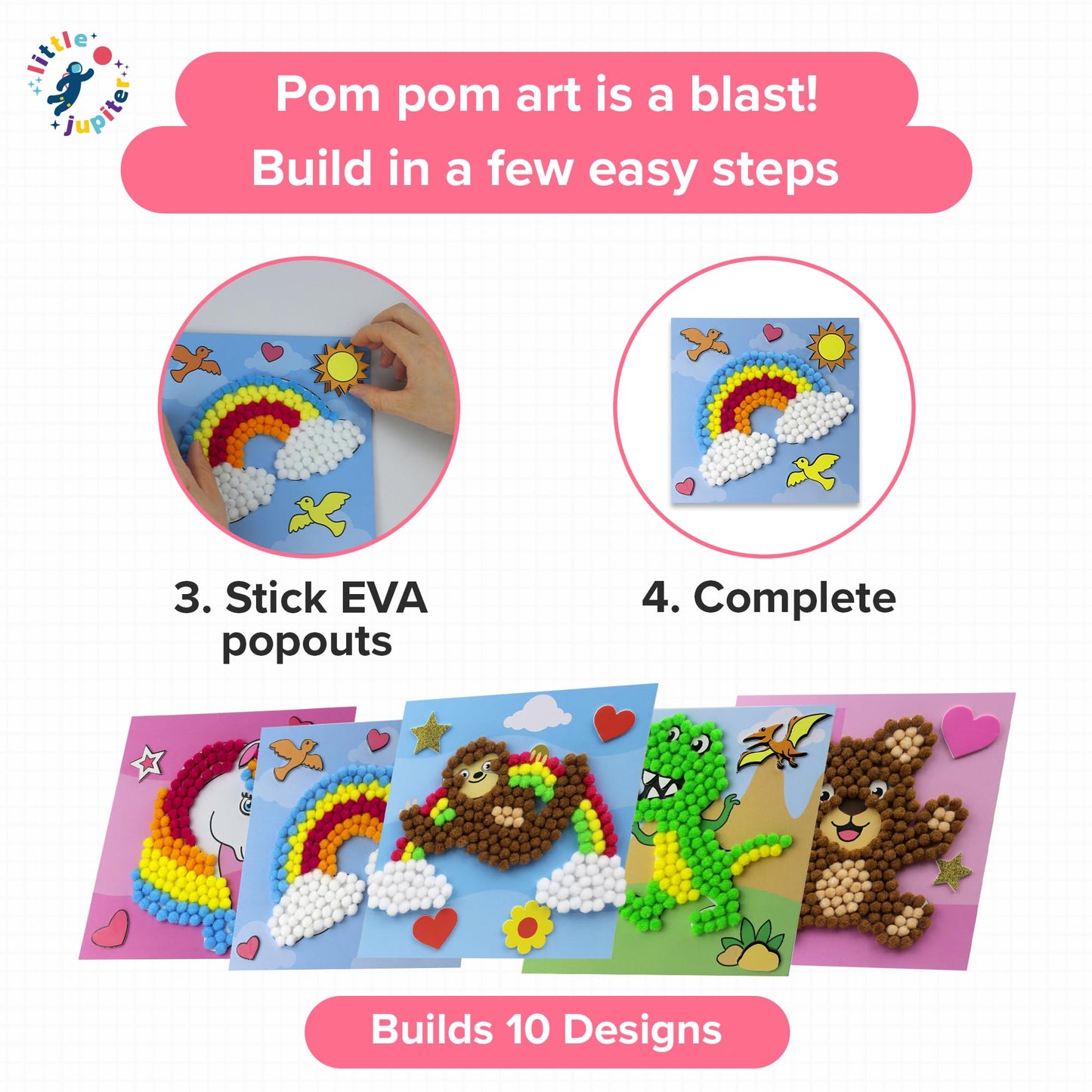 Little Jupiter DIY Pom Pom Art - Makes 10 Art Pieces -Boy & Girl Crafts for Kids Age 3-5 - for Toddlers and Small Kids - Craft Activities - Arts and Crafts (Set3)