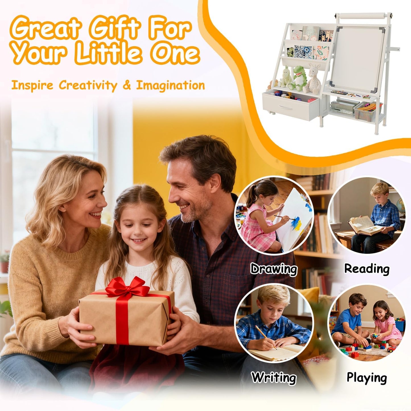 Faesun 4-in-1 Art Easel for Toddlers with Bookshelf and Toy Organizer, Kids Drawing Easel with Paper Roll & Magnetic Whiteboard, Birthday Gift for Ages 2–8, Boys & Girls