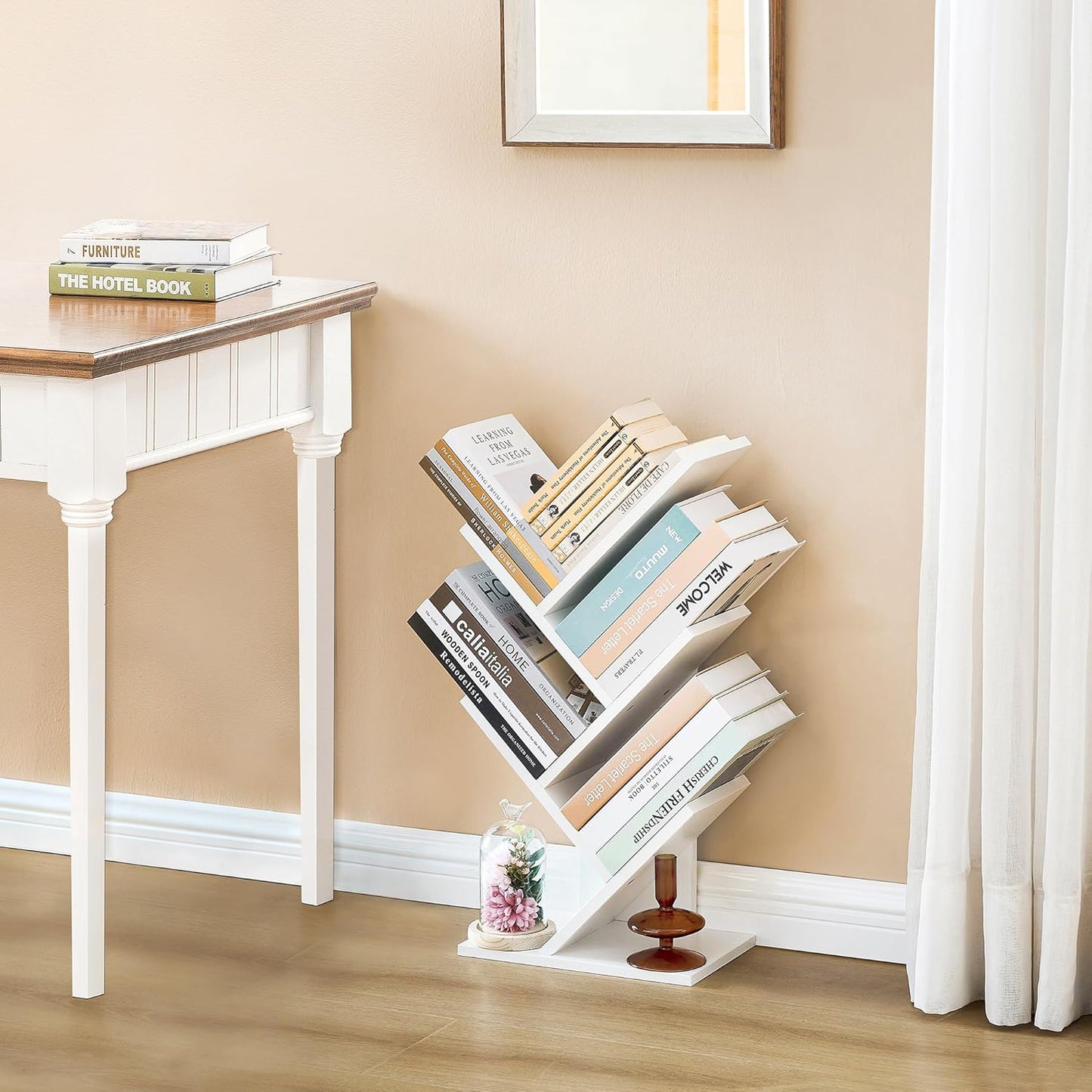 Hoctieon 4 Tier Tree Bookshelf, 4 Shelf Bookcase, Free Standing Tree Bookcase, Display Floor Standing Shelf for Books, Book Organizer Shelves for Home Office, Living Room, Bedroom, White
