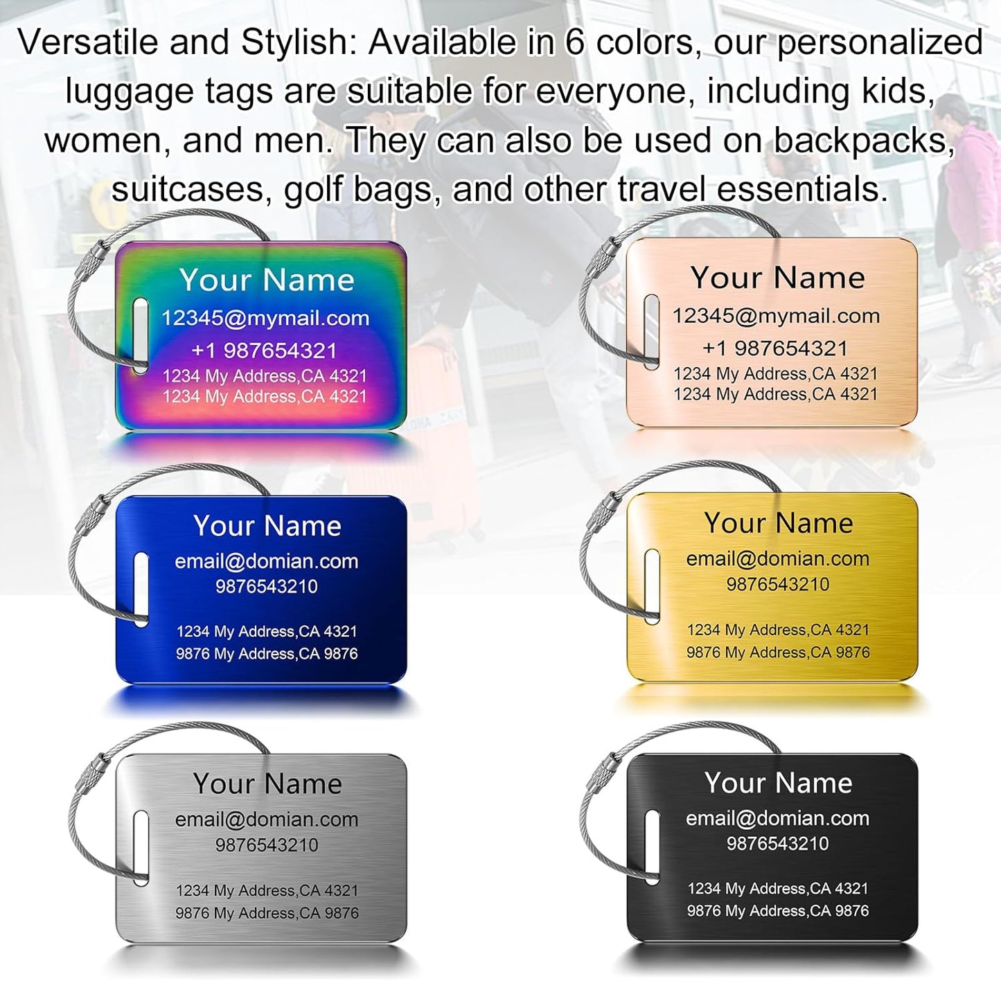 Stainless Steel Personalized Luggage Tags for Suitcases - Custom Name ID Travel Tags for Luggage, Backpacks and Bags - Metal Travel Essentials Accessories for Kids, Women and Men - Bulk Set (4 Pack)