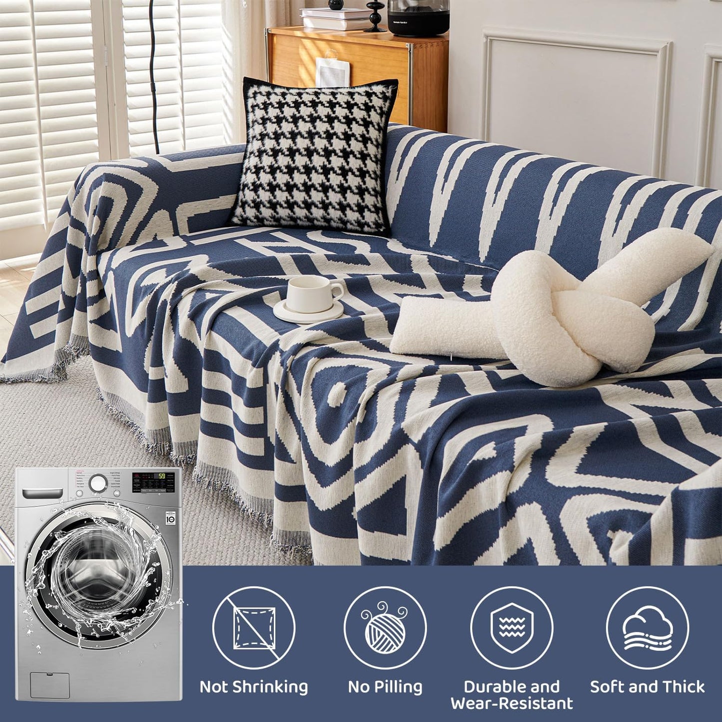 STACYPIK Modern Boho Couch Covers, Non Slip Blue Geometric Sofa Cover for Loveseat, Washable Furniture Protector for 3 Cushion Couch, Anti Slip Reversible Jacquard Couch Throw Covers for Sofa-71X150IN