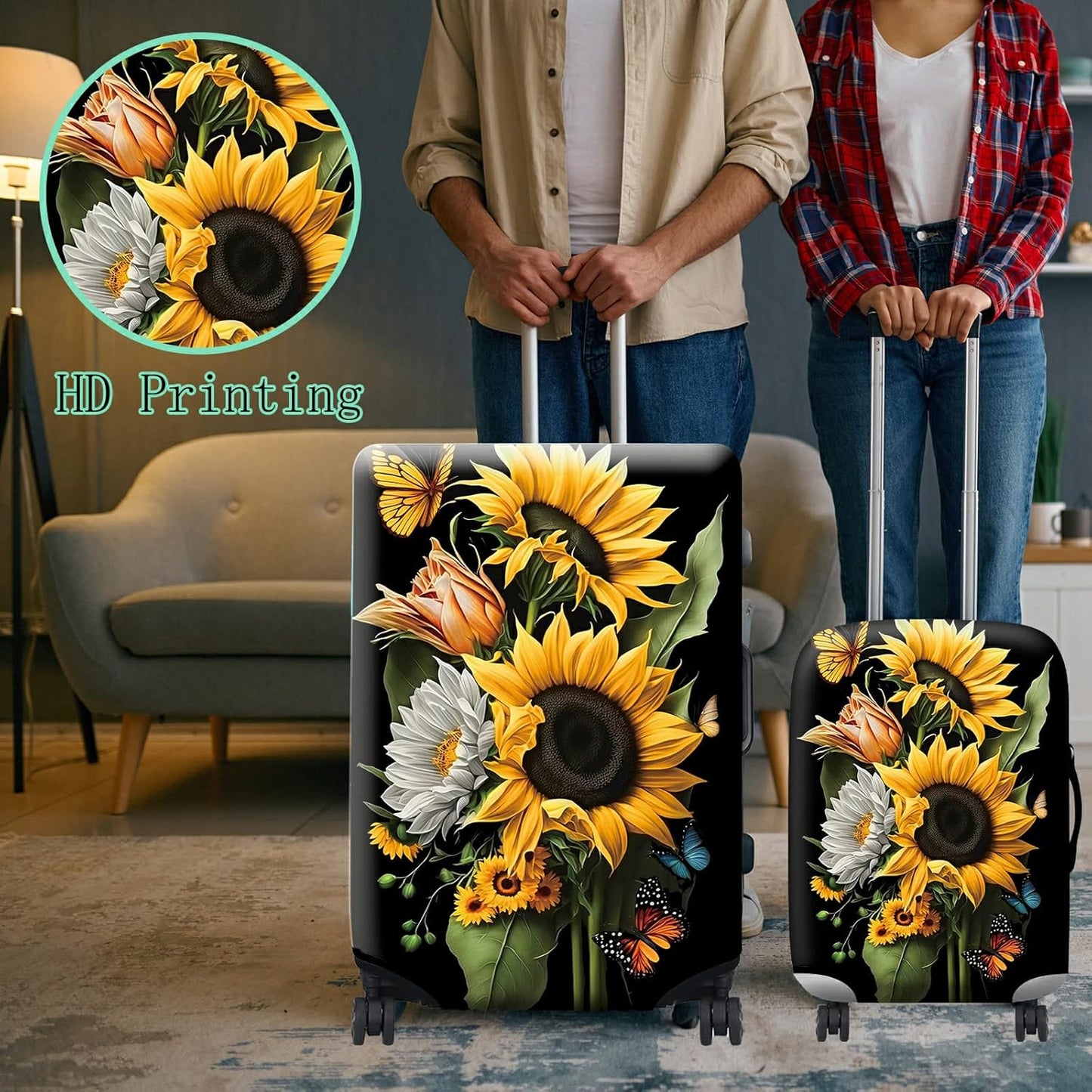 Suitcase Protector Plus 1 Luggage Tag, Sunflower Orchids Travel Suitcase Cover for 22-24 inch Luggage (M) with Concealed Zipper, Washable Elastic Cloth, Dustproof, Anti-Scratch