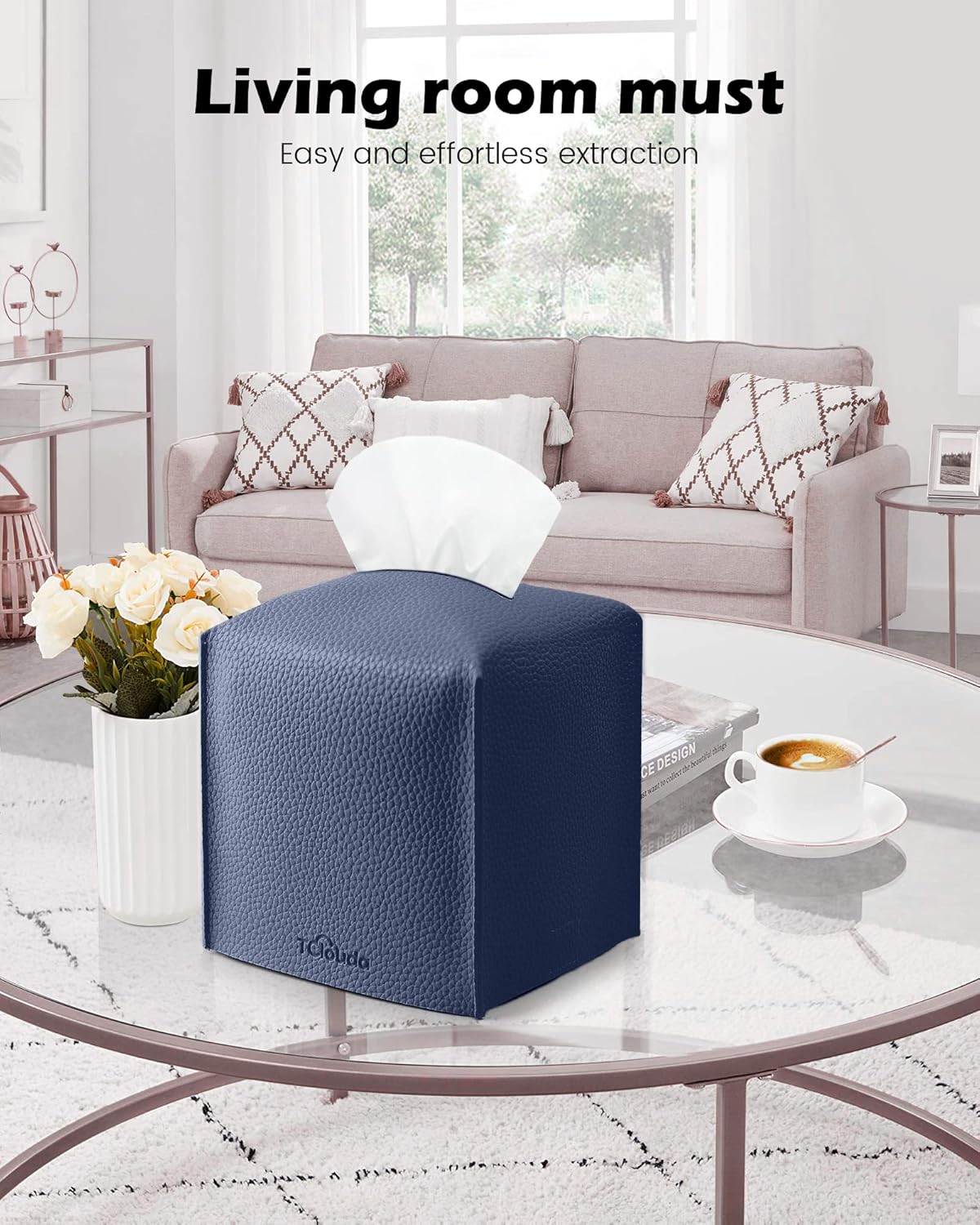Tissue Box Cover for PU Leather, Modern Simple Solid Color Holder Square Tissue Bag, Ideal for Bathrooms,Office,Car,Outdoor Tent,Dining Table,5"X5"X5", Single Navy Blue