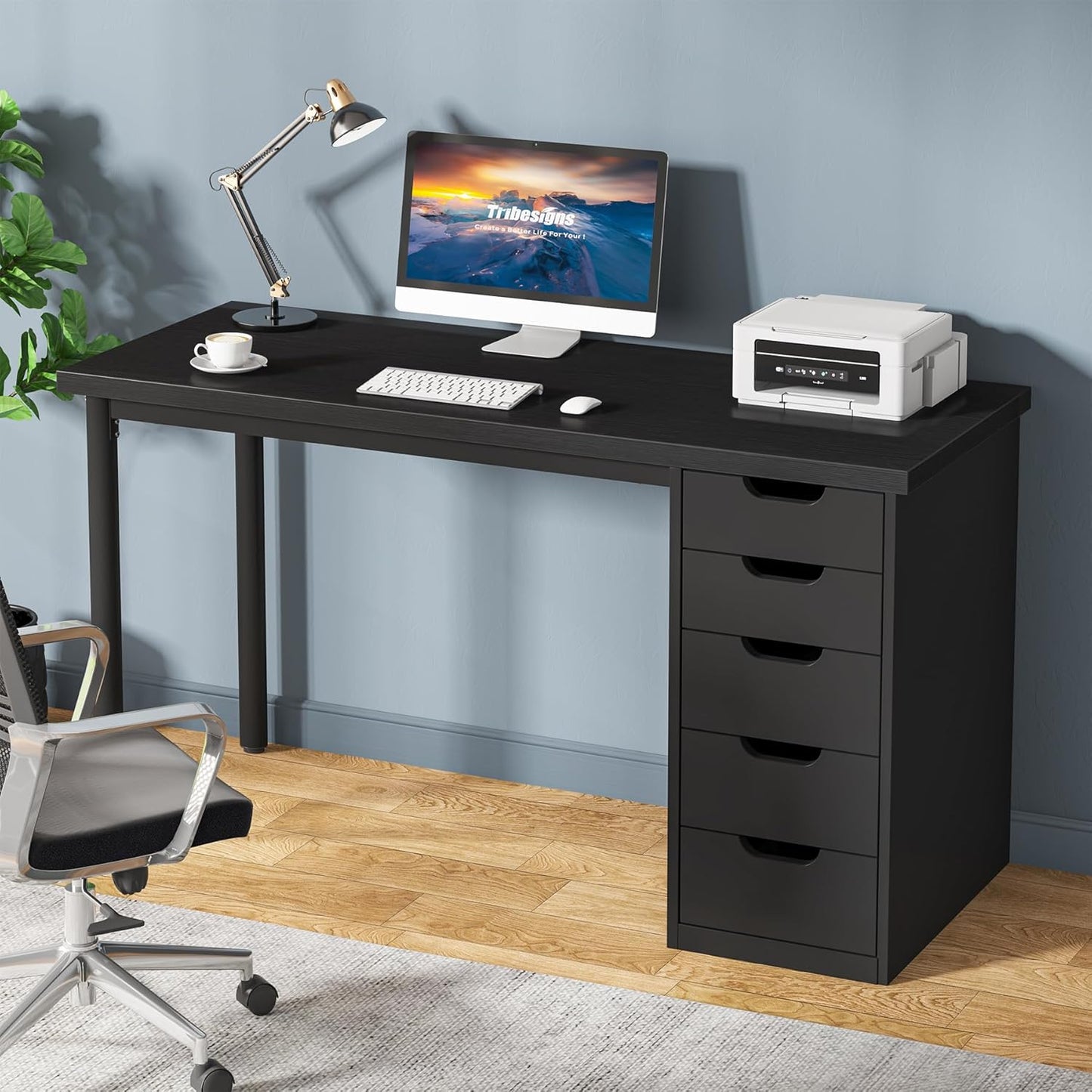 Tribesigns Computer Desk with 5 Drawers, 47 inches Rustic Brown Home Office Desk with Storage, Modern Simple Laptop Desk Study Writing Table for Small Spaces (1, Black)