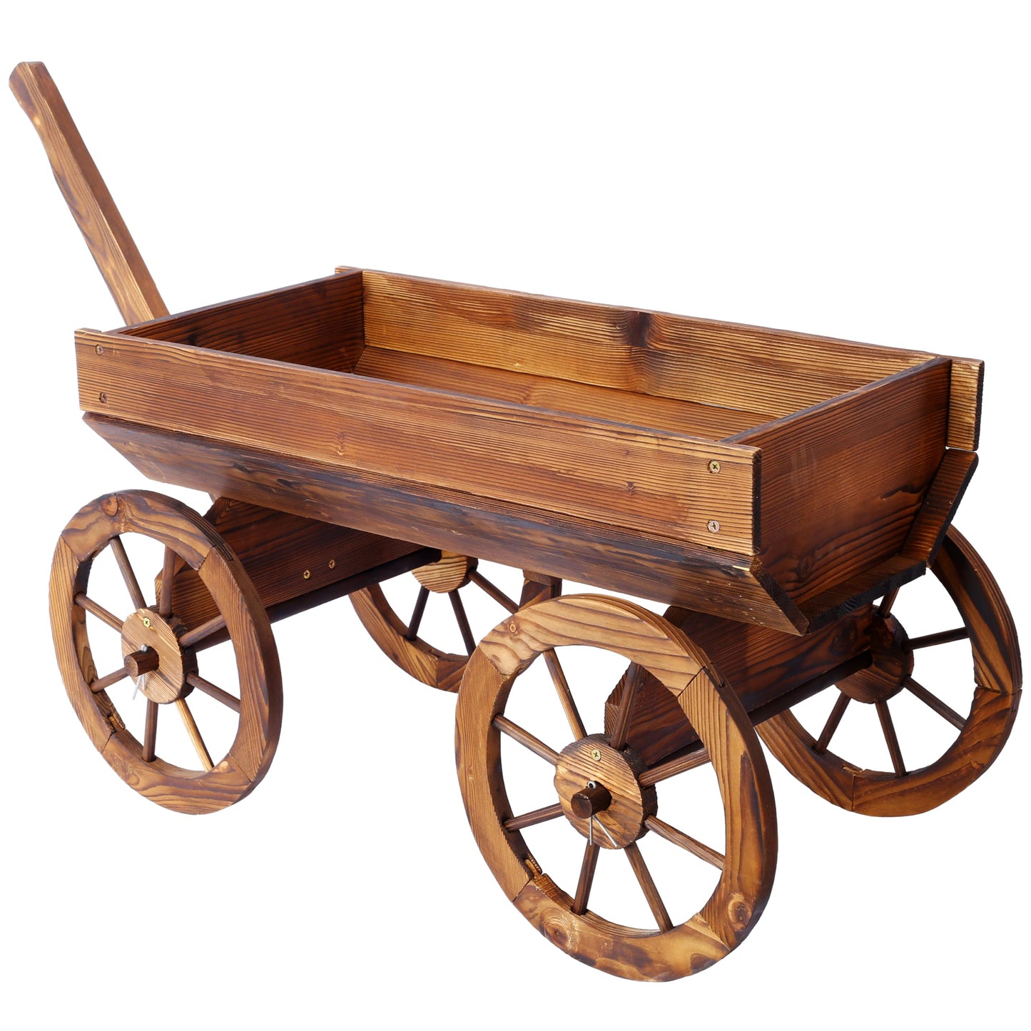 Tomkate Wagon Flower Planter Cart – Movable Wooden Raised Garden Bed on Wheels with Handle, Rolling Pot Stand for Outdoor Plants, Decorative Garden Planter, Durable Brown Wood Wagon for Patio & Yard