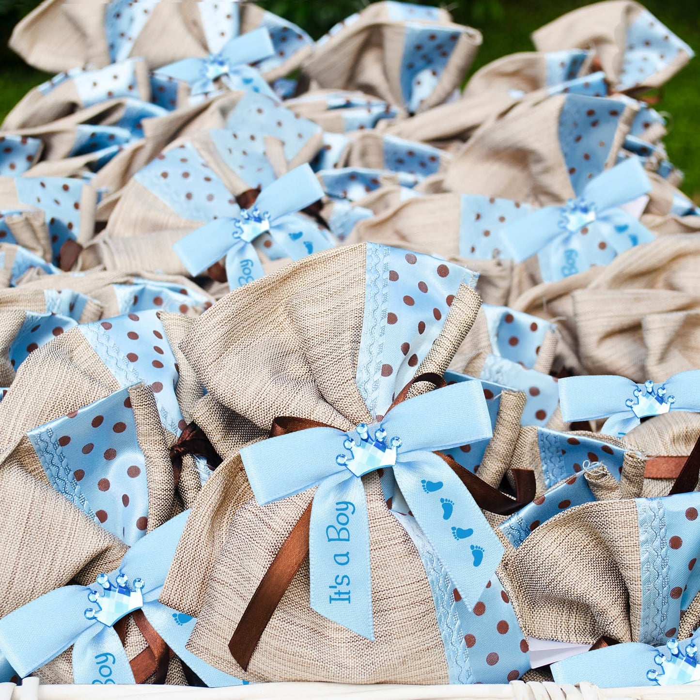 Wavwavw 100 Pcs Baby Shower Satin Ribbon Twist Tie Bows 2.5" Pre Tied Craft Bow Baby Foot Print Ribbon Bows for Baby Shower Birthday Party Treat Bags Gift Wrapping Basket Decor (Baby Blue)