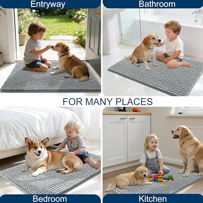 OLANLY Dog Door Mat for Muddy Paws 34x21, Ultra Absorbent Chenille Mud Doormat, Non-Slip Washable and Dirt Trapping Doormat for Indoor Entryway, Quick-Dry Indoor Pet Bed Mats for Dogs, Grey