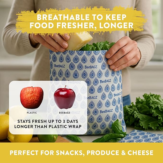 BeeBAGZ - Beeswax Wrap Storage Bag, Reusable Food Storage Bags, Pack of 3, Plastic Free Biodegradable Food Wrap Alternative, Starter Pack, 1 Small + 1 Medium + 1 Large, (Blue)