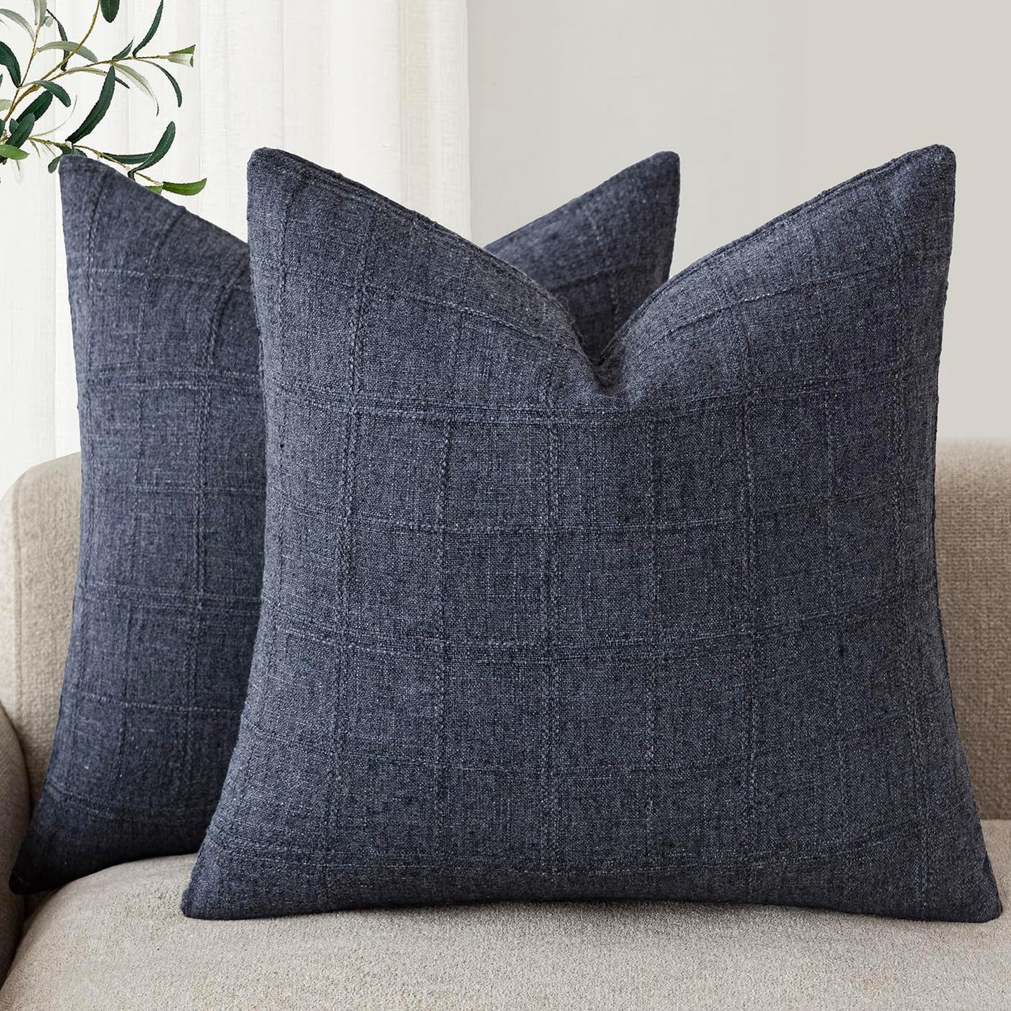 Foindtower Set of 2 Decorative Linen Check Throw Pillow Covers Neutral Farmhouse Vintage Cushion Covers Modern Boho Home Decor for Sofa Chair Couch Bedroom Living Room Outdoor,22×22 Inch,Navy Blue
