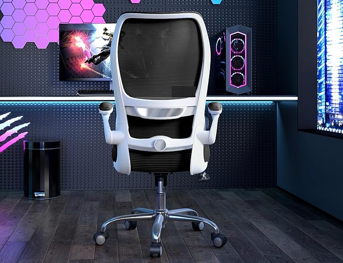 TRALT Ergonomic Office Chair - Desk Chair with Wave High Back Adjustable Lumbar Support Computer Chair - Gaming Chairs Mesh Backrest and PU Leather Seat (Black White)