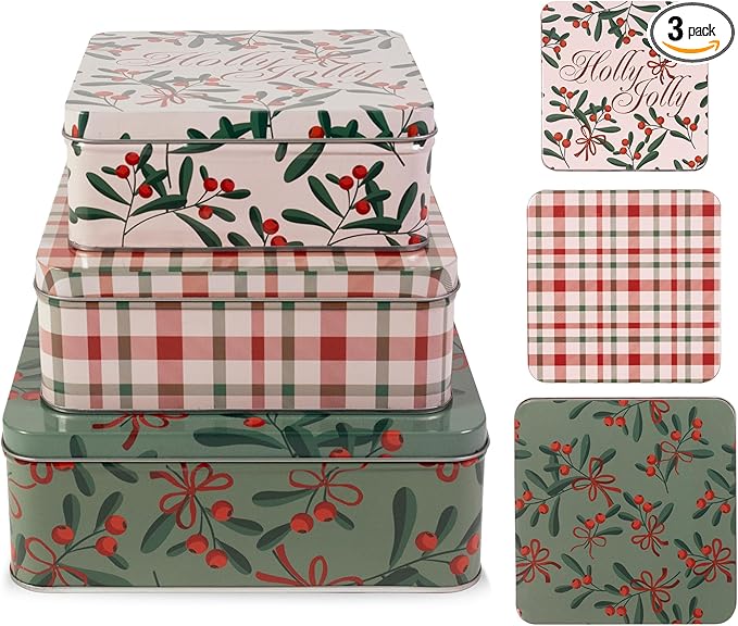 Steel Mill & Co Tin Containers with Lids, 3 Pack Christmas Cookie Tins, Festive Cookie Tins for Gift Giving & Holiday Treats, Square Metal Nesting Containers (Holly Jolly)