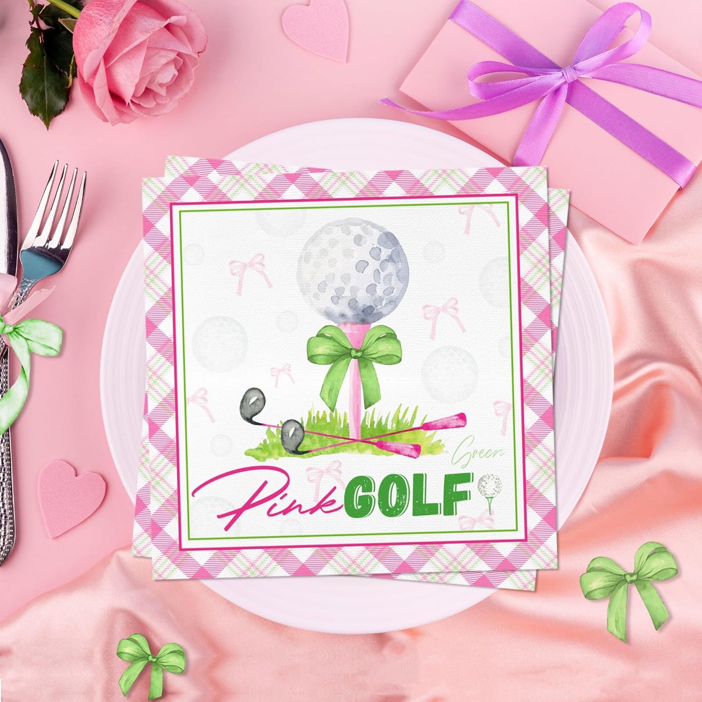 40PCS Golf Paper Napkins – Golf Party Napkins with Pink, Green & Plaid Design for Baby Showers,Birthday Parties,Afternoon Tea,Daily Dining,Sports-Themed Gatherings,Girls’ Tea Parties,Bridal Showers