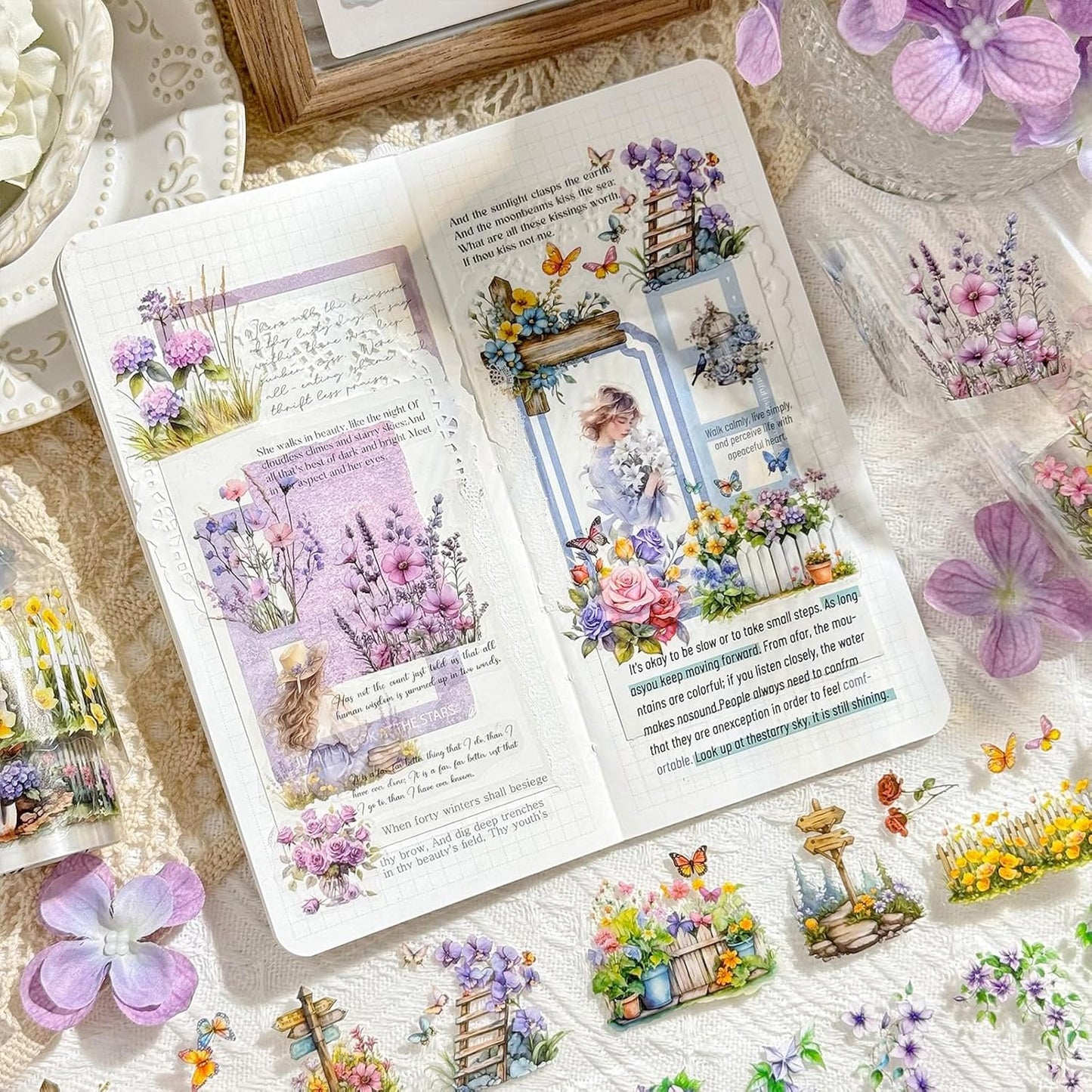 Misty Island Florals PET Pre-Cut Floral Tape Set - 6 Rolls Clear Flower Sticker Strips + 1 Clip for Scrapbook Journals Junk Journal Coastal Cottage DIY Décor