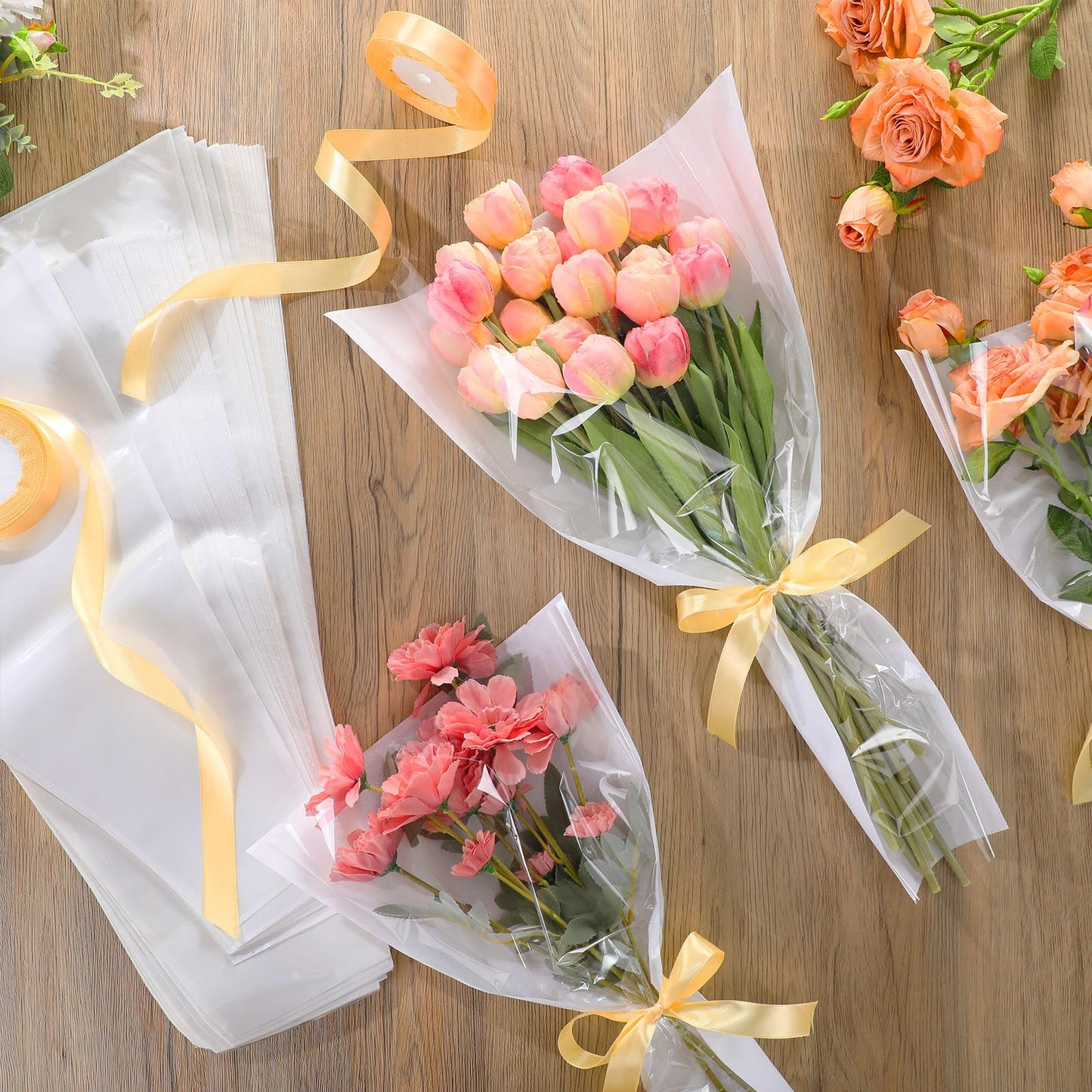 Fullhawl 50 Pcs Flower Bouquet Wrapping Bags 9.8 x 17.9 Inch and 14.2 x 22 Inch Mother's Day Kraft Paper Flower Sleeves Floral Bags with Ribbons for Bouquet Wedding Birthday Graduation (White)