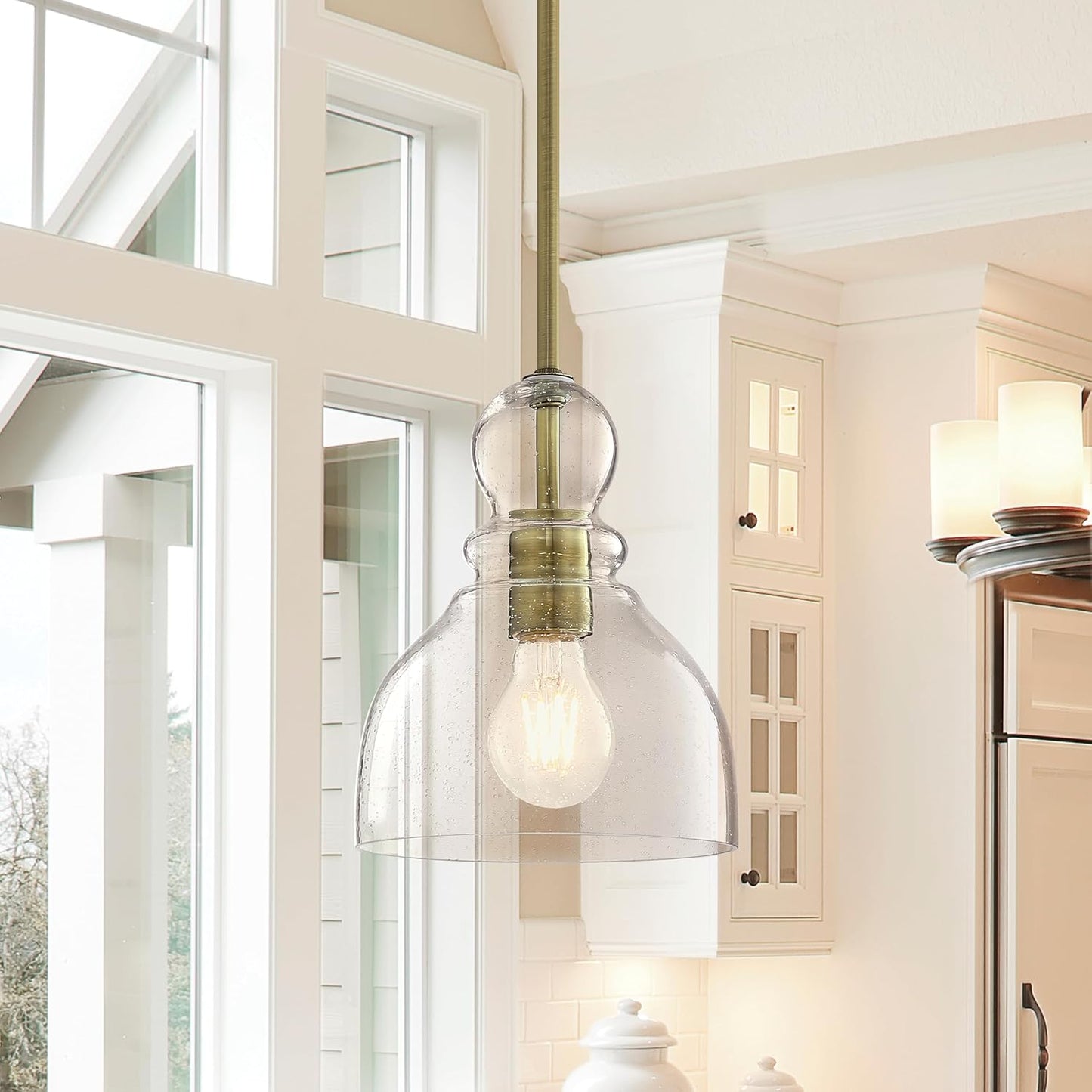 Westinghouse Lighting 6134500 Fiona Traditional One Light LED Indoor Mini Pendant, Antique Brass Finish, Clear Seeded Glass